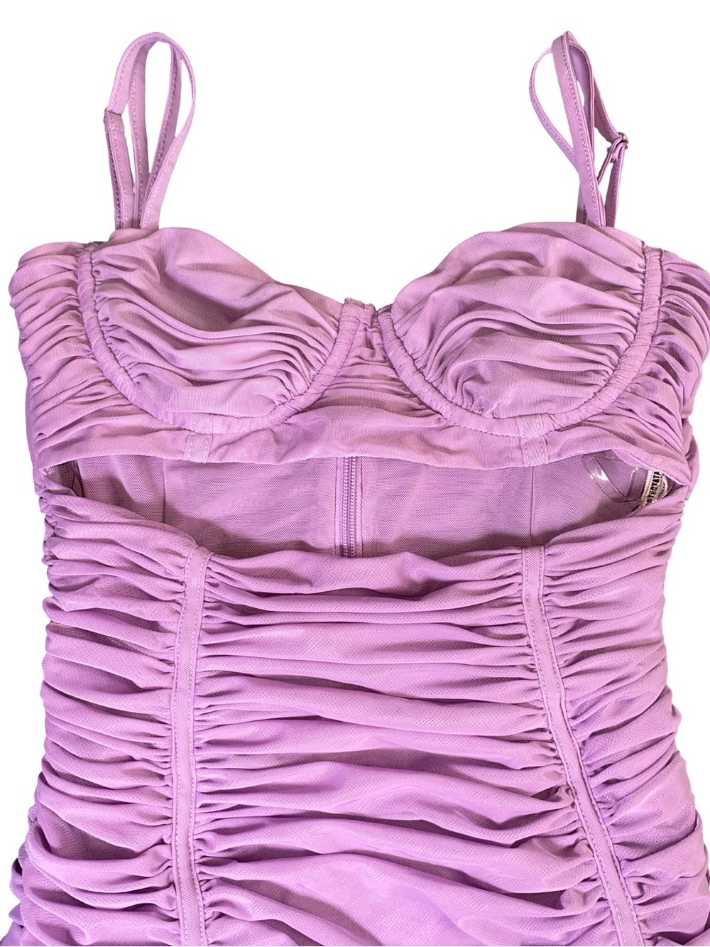 Mistress Rocks 'Lovers' Lilac Cutout Ruched Mesh Mini Dress - Pastel Purple - Picture 3 of 6